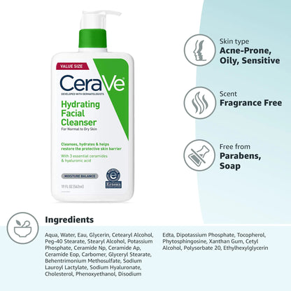 CeraVe Hydrating Facial Cleanser | Enjoy soft, hydrated, and balanced skin replenishing your natural moisture | National Eczema Certified