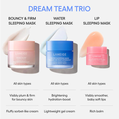 LANEIGE Water Sleeping Mask: Korean Overnight Mask, Squalane, Probiotic-Derived Complex, Hydrate, Barrier-Boosting, Visibly Smooth and Brighten Dream Team Trio